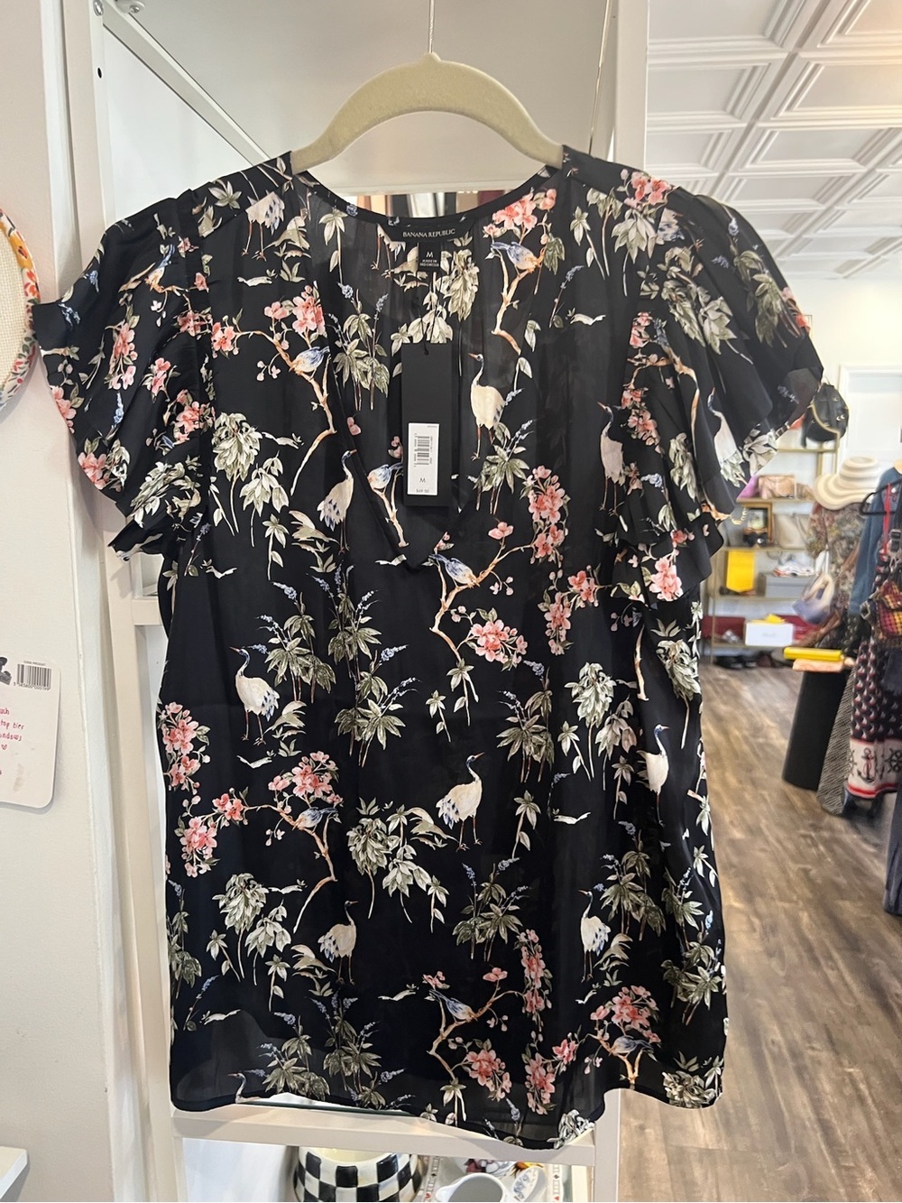 Banana Republic Black Floral & Crane Ruffle Sleeve Blouse NWT